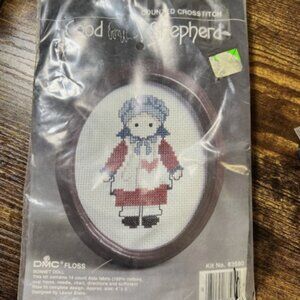 Vintage Good Shepherd Counted Cross Stitch Kit Bonnet Doll DMC Floss Frame New